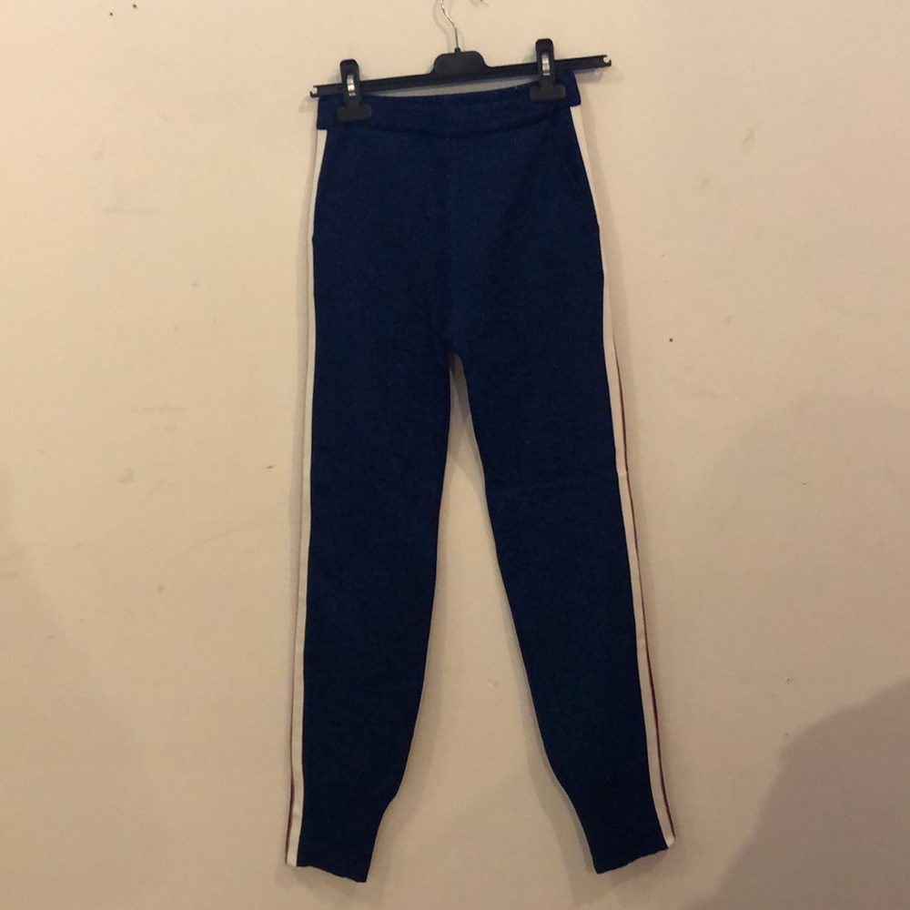 Aviu metallic navy lurex track pant.